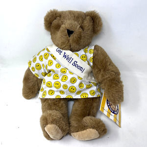 Vermont Teddy Bear Get Well Soon 16" Jointed Plush Smiley Face Gown Sash tag